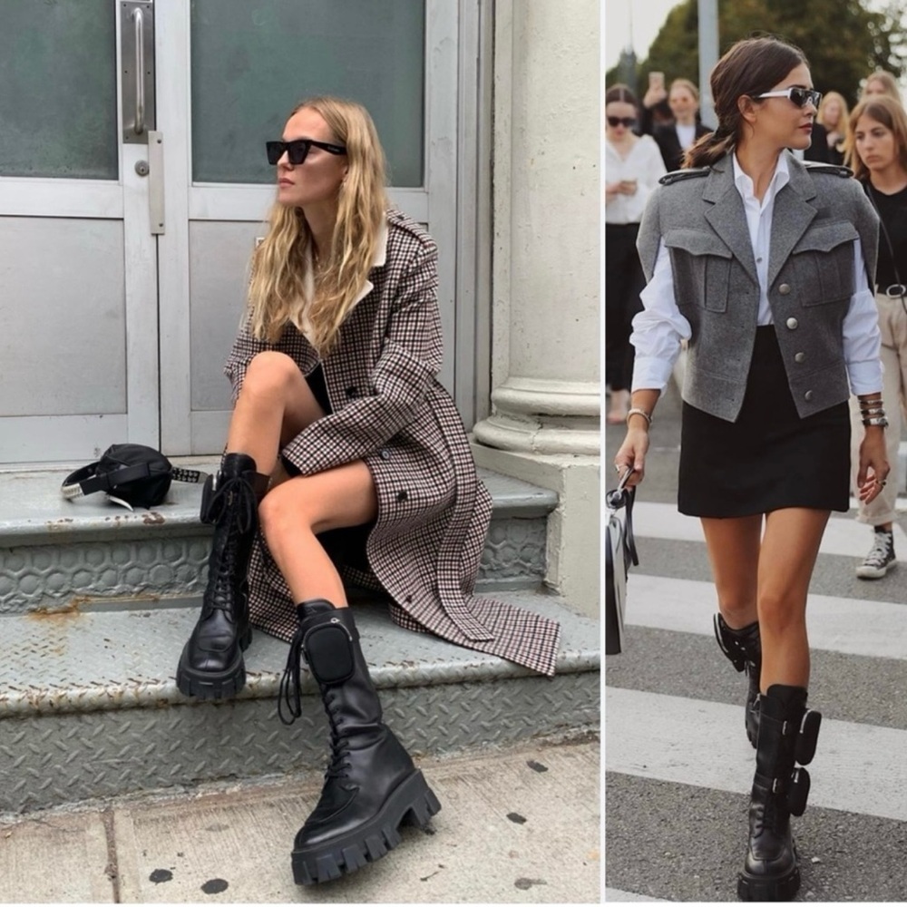 Prada Monolith Black Leather Combat Boots With Removable Pouches Tall Boot Sz 37 - Picture 3 of 12